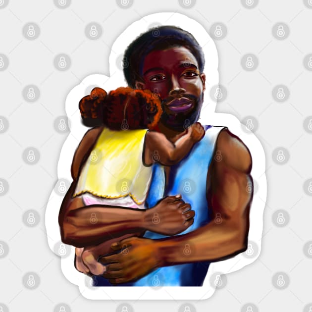 The best Father’s Day gifts 2022.Father and child - Super dad -  Strong muscular black man cradling a baby Sticker by Artonmytee